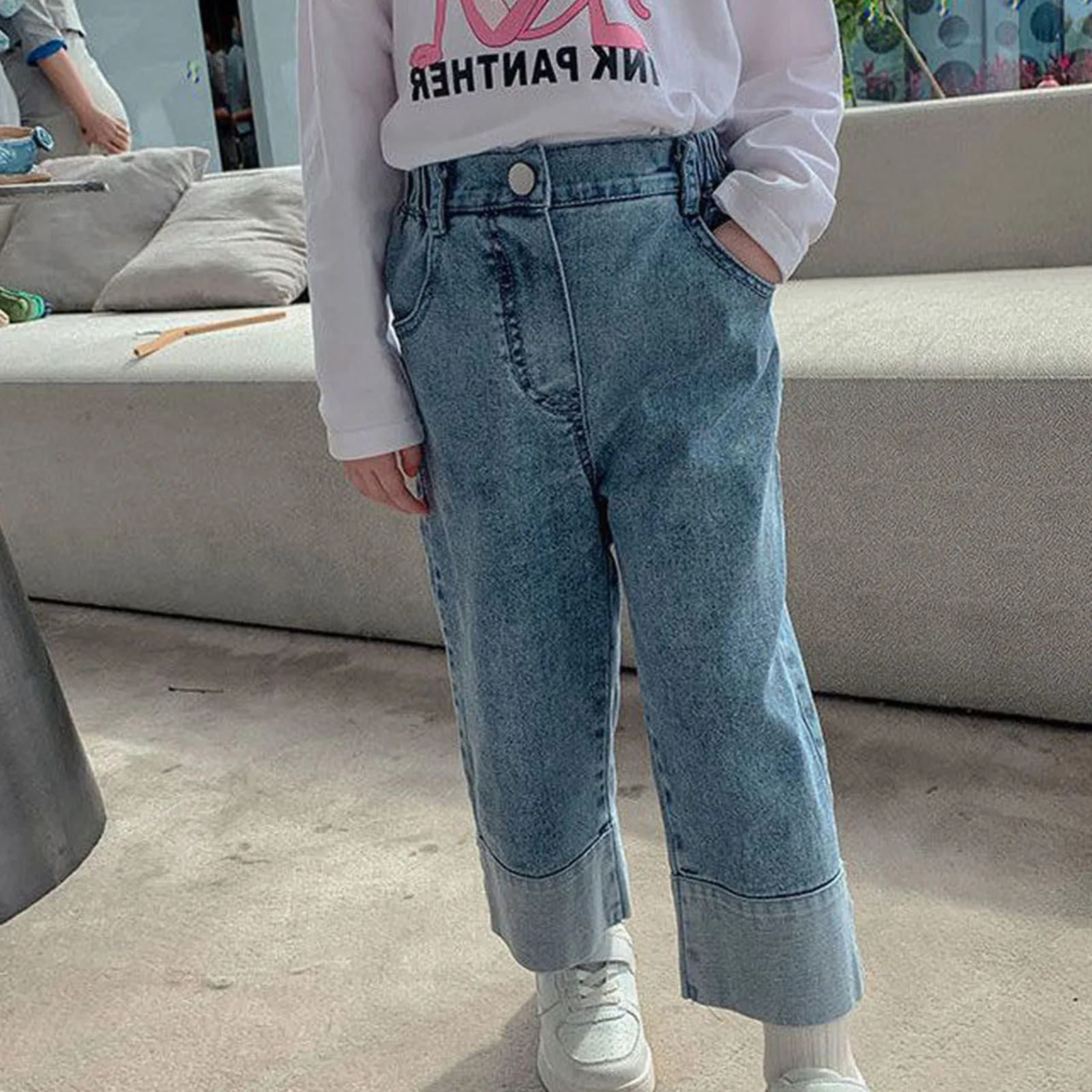 

Kids Girls Solid Wide Leg Jeans Children Korean Style Fashion Jeans Elastic Waistband Casual Denim Pants Spring Autumn Trousers