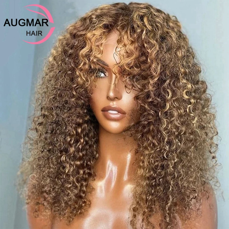 

13x4 Honey Blonde Highlight Wig Kinky Curly Lace Front Human Hair Wigs With Bangs Ombre Brown 200 Density HD Lace Frontal Wig