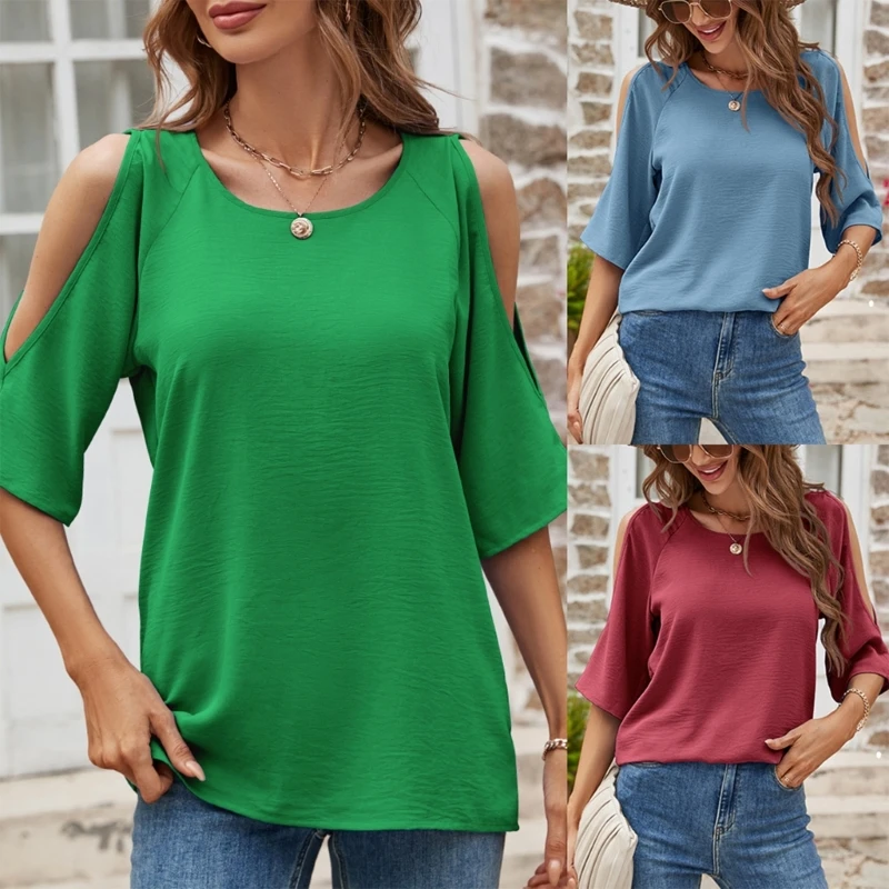 

Women Summer Solid Color Casual Loose Raglan Sleeve T-Shirt Half Sleeve Cutout Cold Shoulder Pullover Tunic Top Blouses