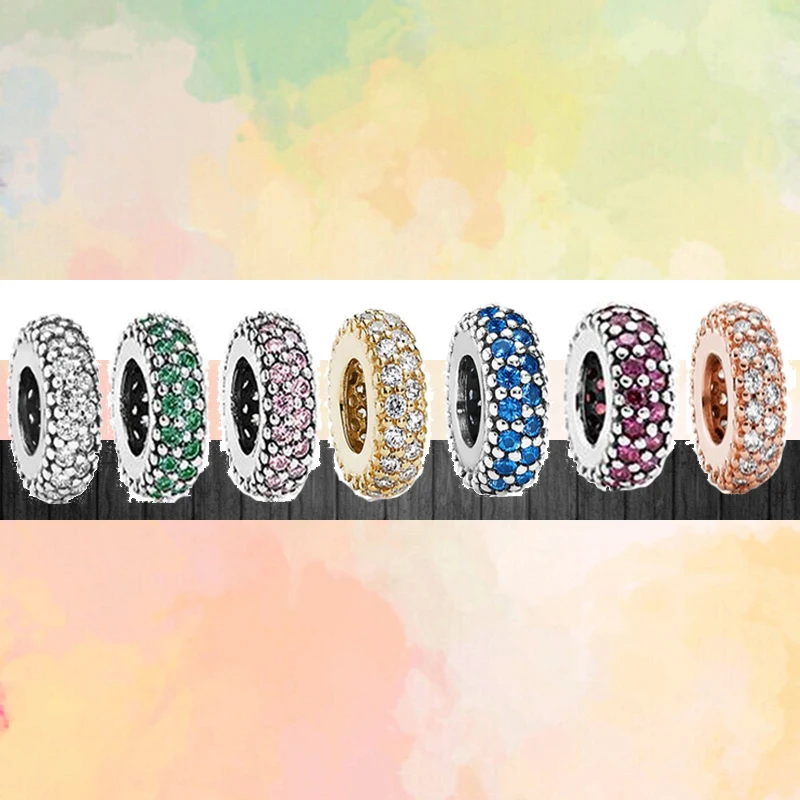 

New Gold Color Blue Green Pink Colorful Zircon Pavé Sparkling Beads Fit Original Pandora Charms Bracelet Women Jewelry Wholesale