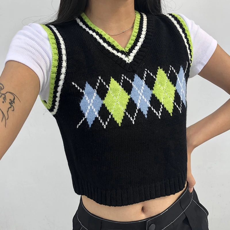 

Argyle Plaid Knitted Tank Top Female Streetwear Preppy Style New Clothes Stripe VNeck Cropped Knitwear 90s Sweater Vest