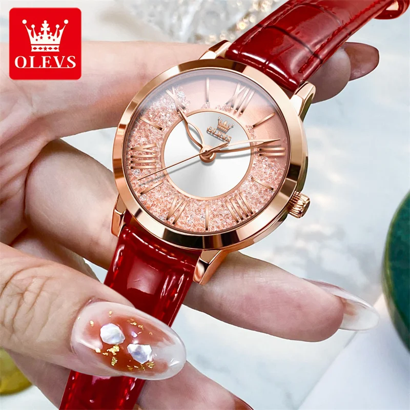 OLEVS New Luxury High Quality Fashion Women Watch Stylish Crystal Dial Red Leather Ladies Quartz Watch Girls Relogio Feminino