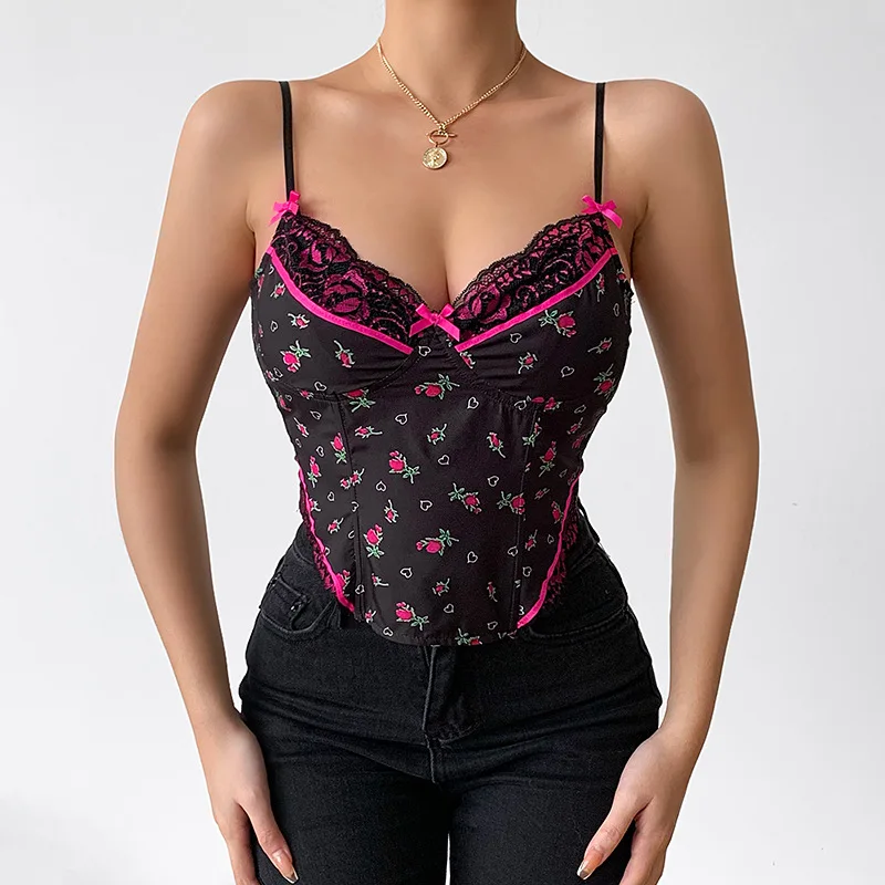 

Women Backless Bandage Navel Bare Camis Clubwear Tank Floral Print V Neck Camisole Bow Lace Patchwork Bustier Crop Top