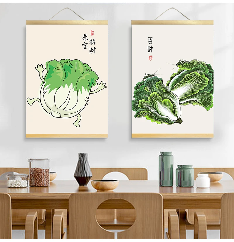Chinese style green plants canvas decorative painting Store bedroom living room wall art solid wood scroll customizable |