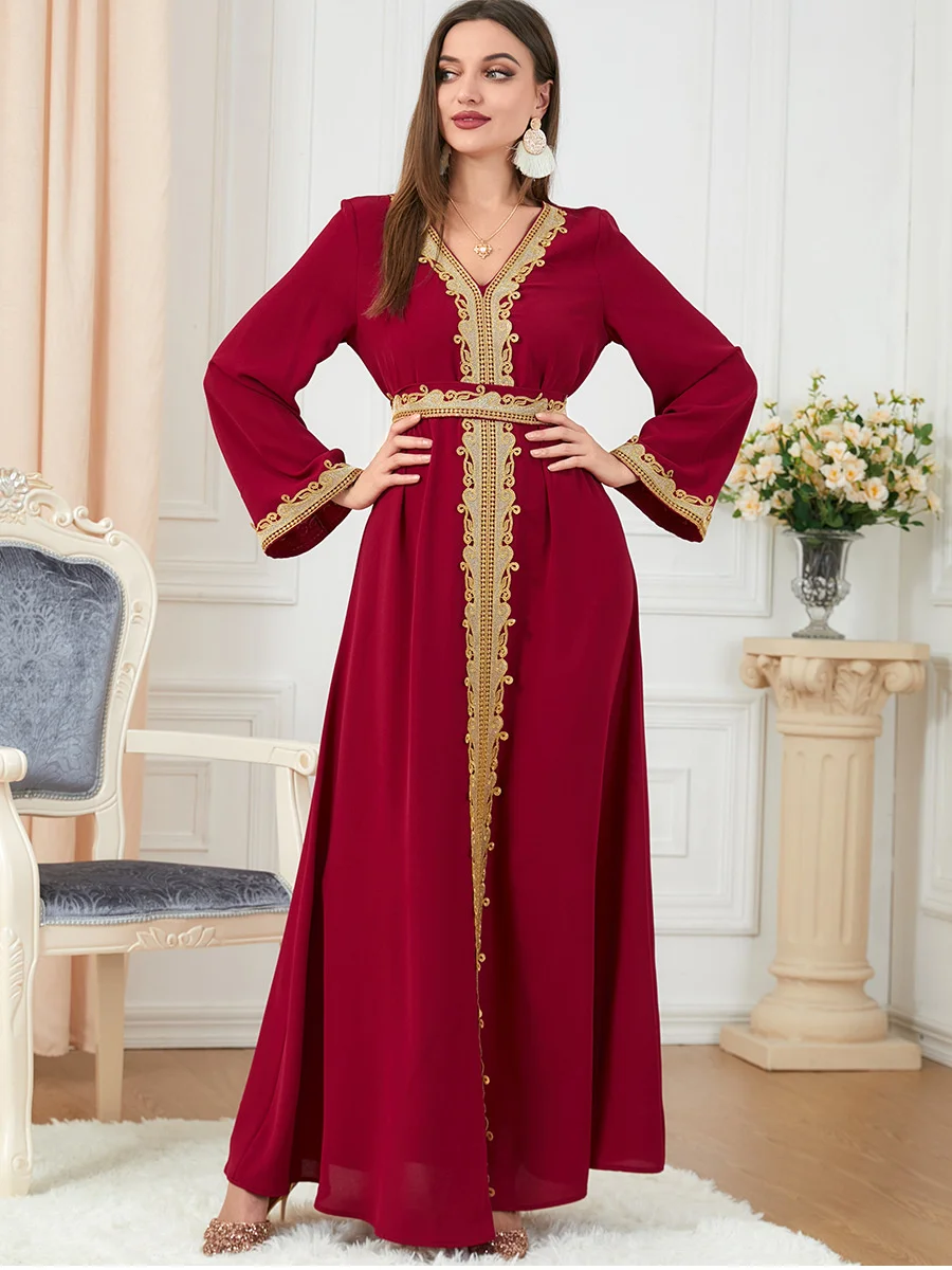 V-neck Arab Morocco Muslim Fashion Long Dress Elegant Abaya Women Embroidery Maxi Dresses Abayas Dubai Turkey Islam Kaftan