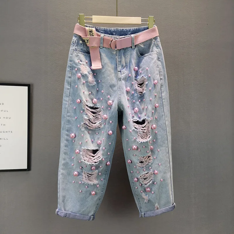 Europe Summer Women's Color Beading Hole Jeans Female High Waist Loose Denim Cross Pants Fashion Sexy Thin Harlan Trousers