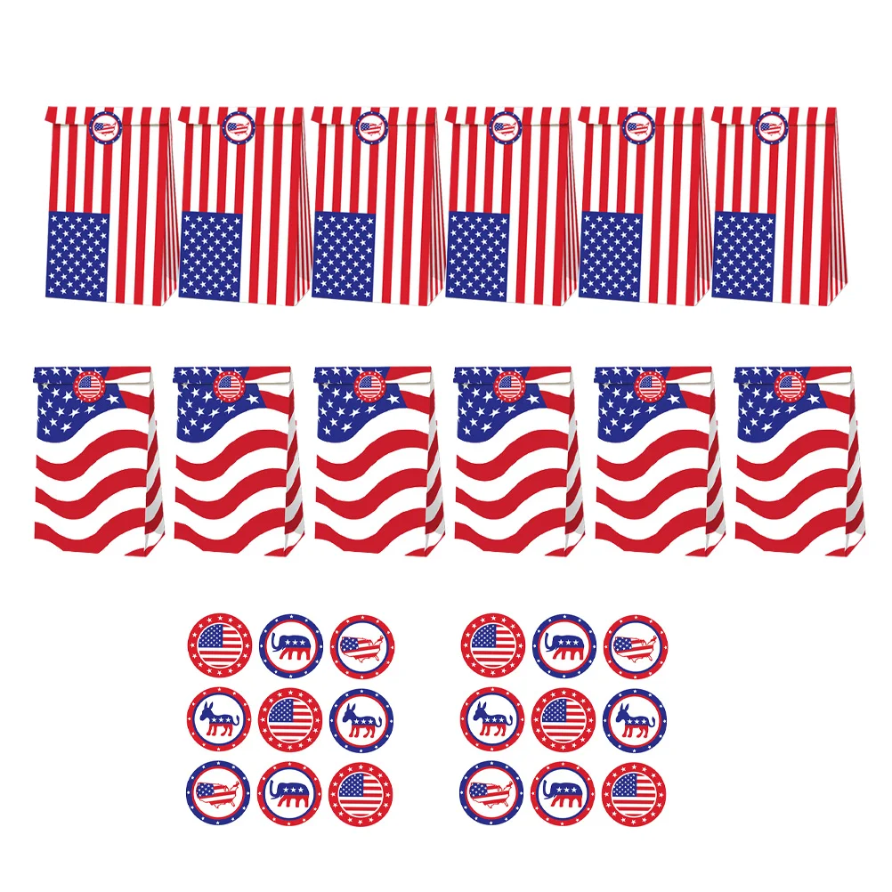 

12pcs American Flag Paper Bags Candy Bags Gift Bags with 2 Sheets Stickers