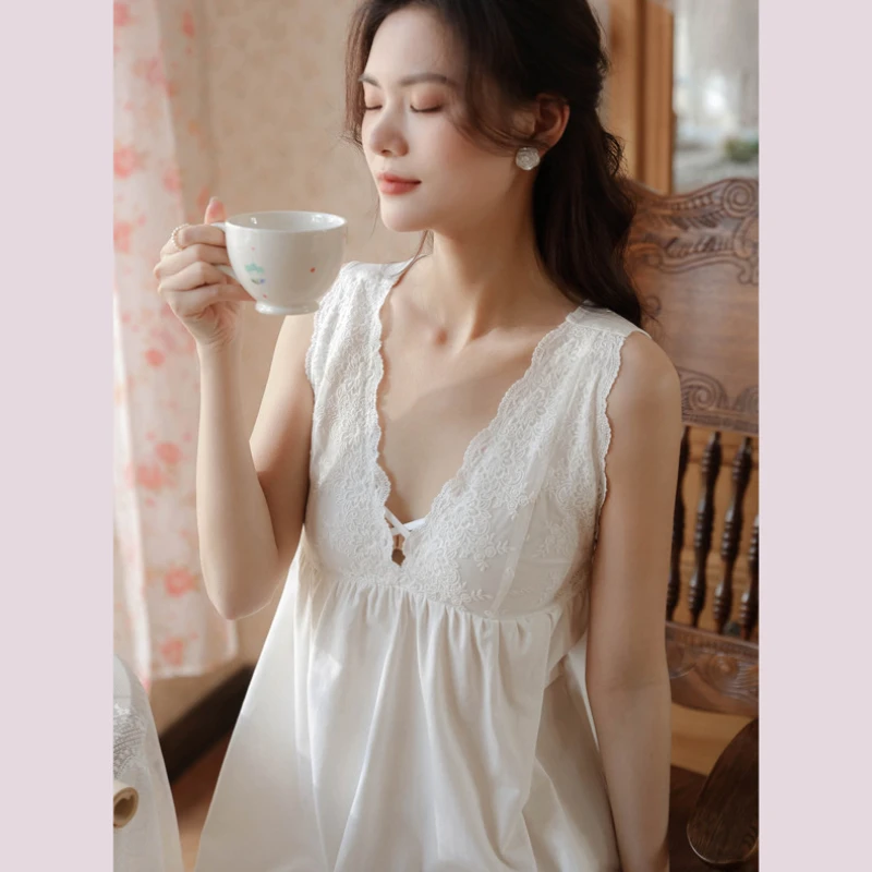Sexy Embroidery Lace Cotton Night Dress Women Summer White Sleeveless Nighty Fairy Lingerie Princess Sleepwear Vintage Nightgown