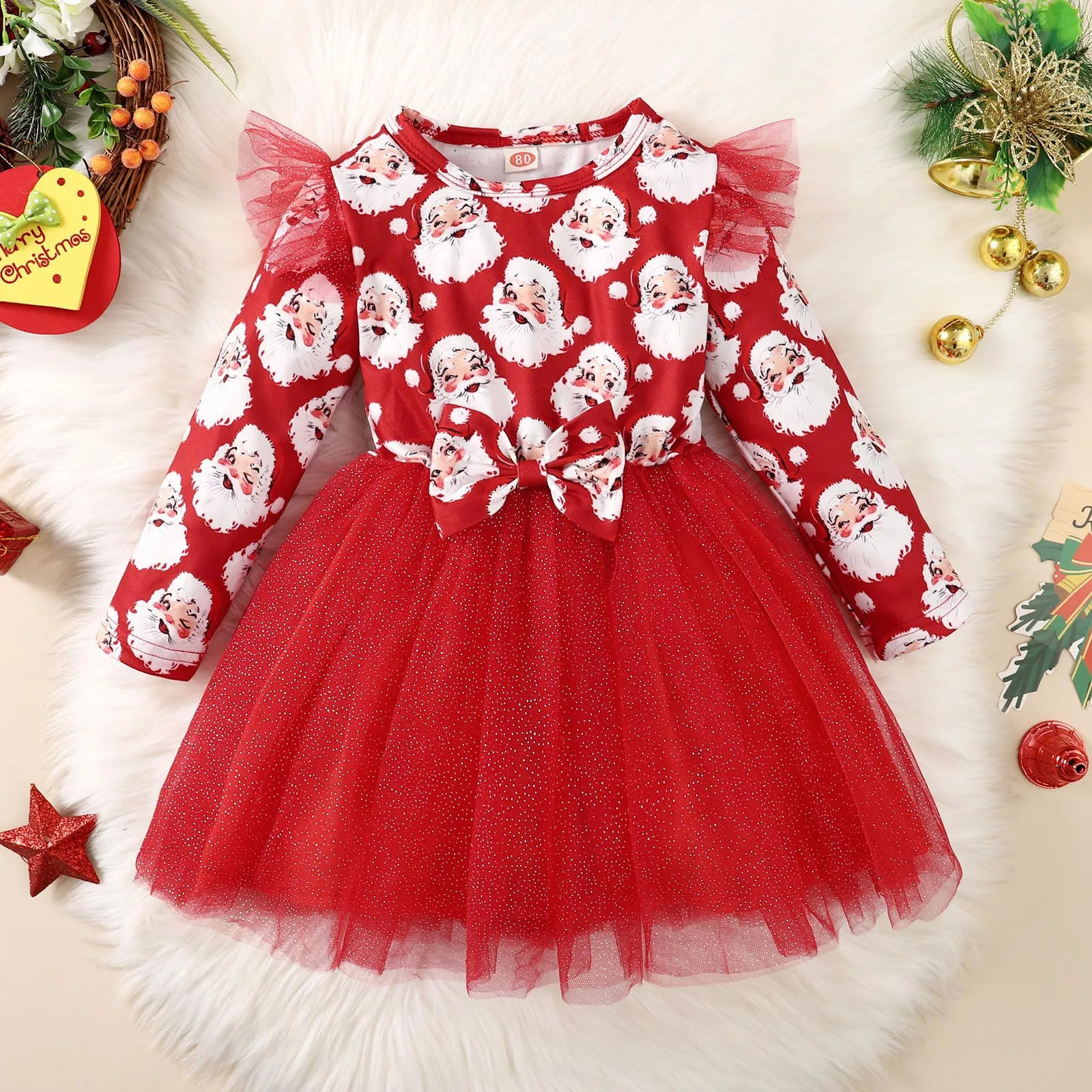 

Infant Girls Santa Prints Dress Child Christmas Party Dresses Long Sleeve Tulle Dresses Bowknot Tie Fluffy Autumn Princess Dress