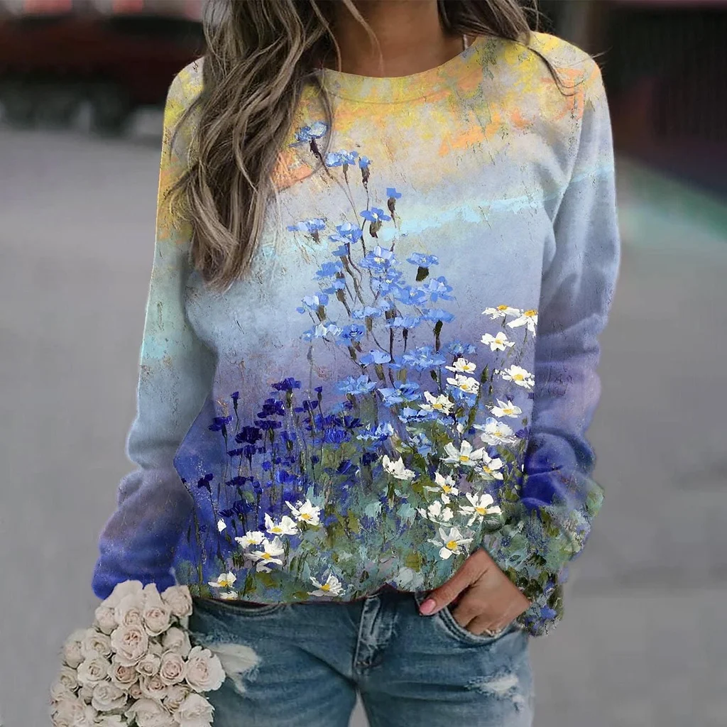 

[New In] Women's Floral Theme T shirt Graphic Florals O Neck Basic Tops Floral tee