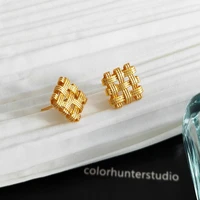 copper plated with real gold s925 silver needle creative geometric earrings simple and small earrings woven lattice earrings