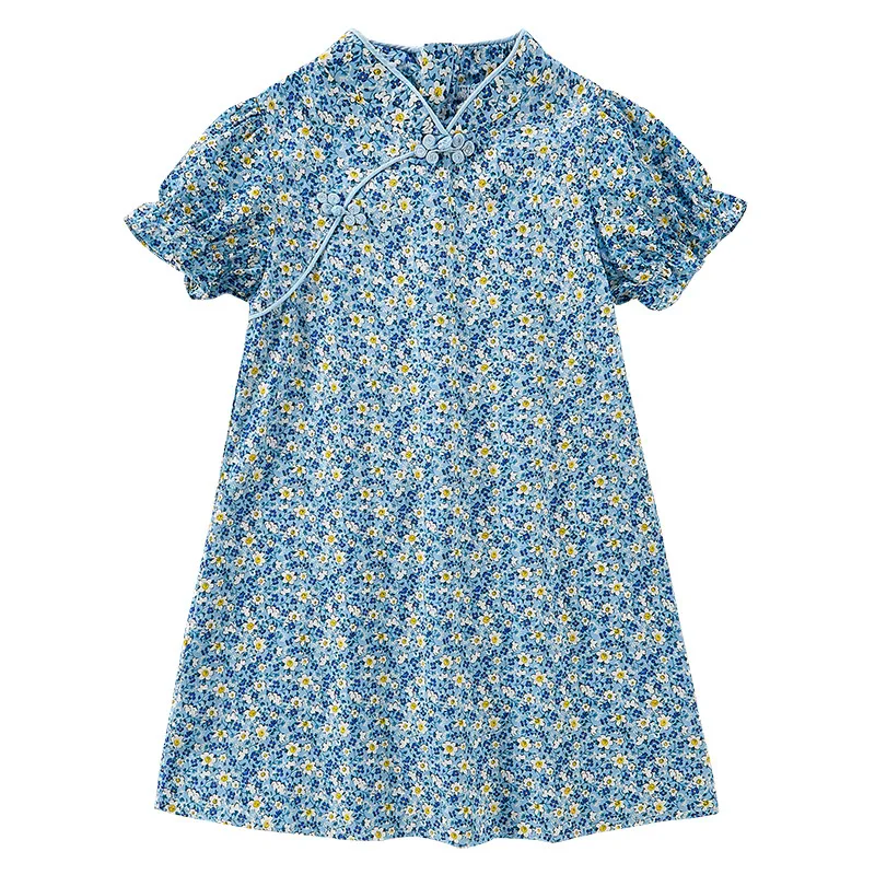 

New 2022 Teen Girls Dress Floral Children Clothes Summer Midi Long Dresses Print Fashion Kids Clothing Green Puff Sleeve