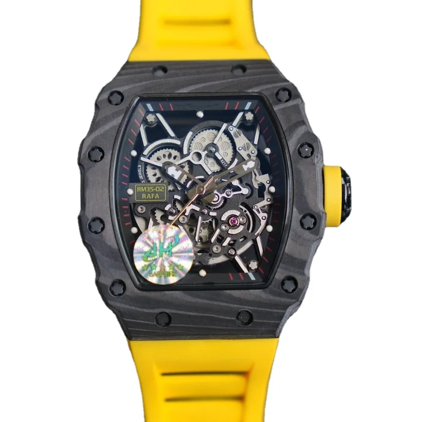 

High-Top Mens Watches Mechanical Automatic Movement Carbon Fiber Black Red Rubber Calendar Skeleton