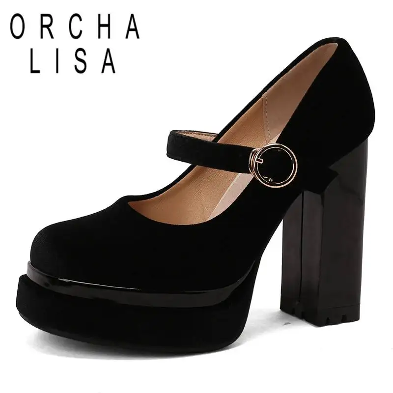 

ORCHA LISA Women Pumps Round Toe Chunky Heels 11.5cm Platform 3cm Flock Big Size 34-43 Mature Sexy Party Shoes For Ladies S4185