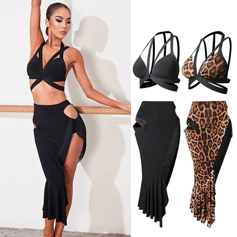 

New Sexy Latin Dance Clothes Women Black Practice Dress Bandage Leopard Sexy Fringe Skirt Samba Rumba Costume Salsa Dancewear