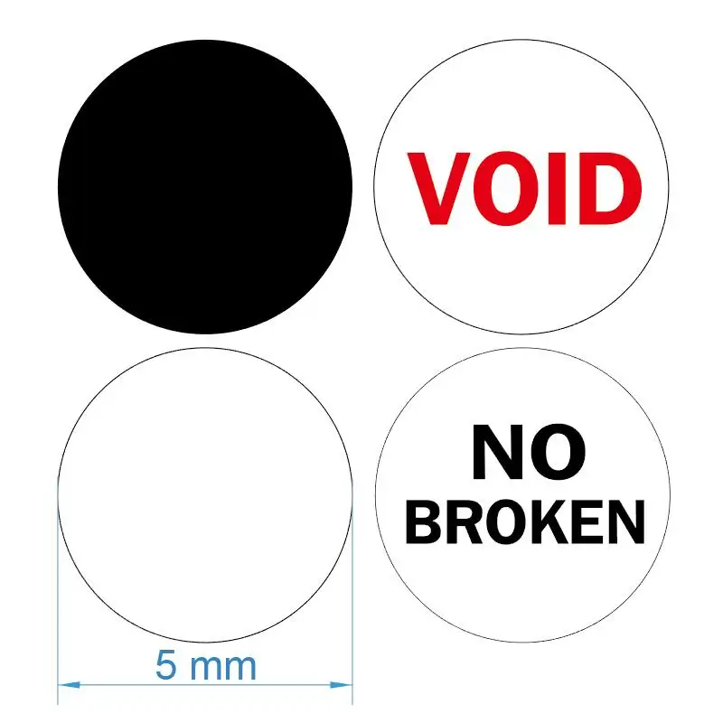 20000pcs 5mm Black/White/VOID/NO BROKEN Eggshell Brittle Paper Warranty Stickers V30