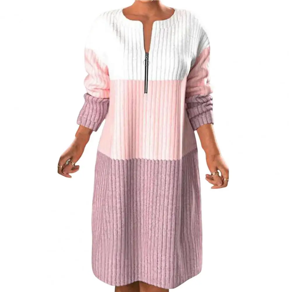 

Women Sweater Dress Contrast Color Loose Long Sleeve O-Neck Streetwear Autumn Winter Coldproof Knitting Pullover Dress