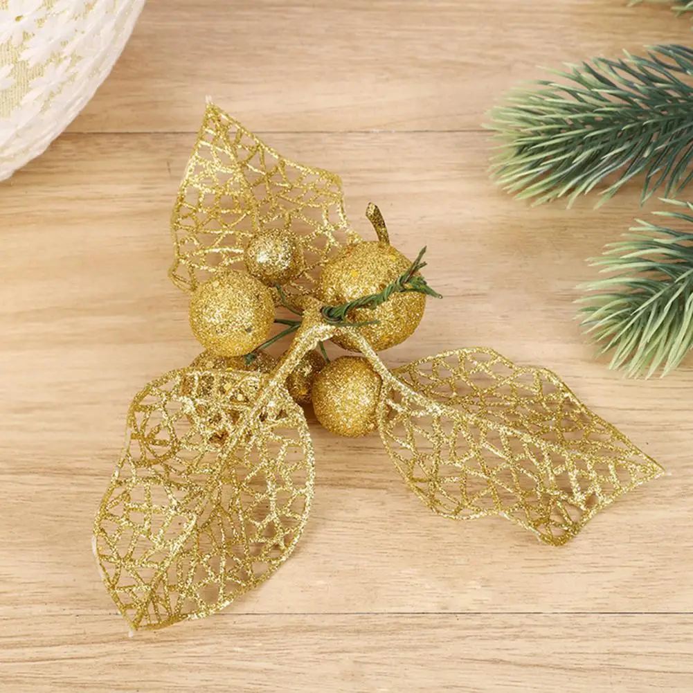 10Pcs Christmas Faux Flower  Berries   Christmas Artificial Flower Xmas Tree Ornament False Leaf