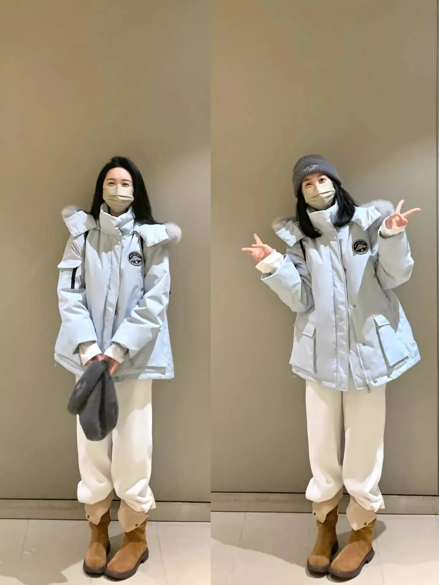 Пуховик-карго с большим меховым воротником одежда хлопковой подкладкой женская