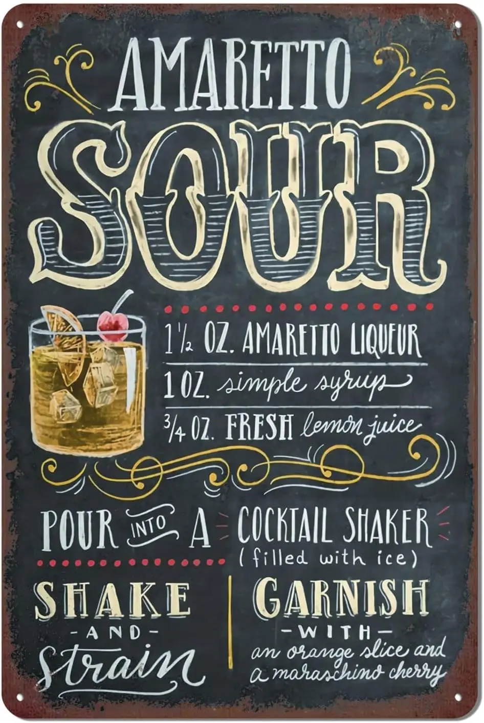 Vntage Bar Metal Tn Sgn Ретро Cocktal Wall Decor Man Cave 12 x 8 nch - Amaretto Sour