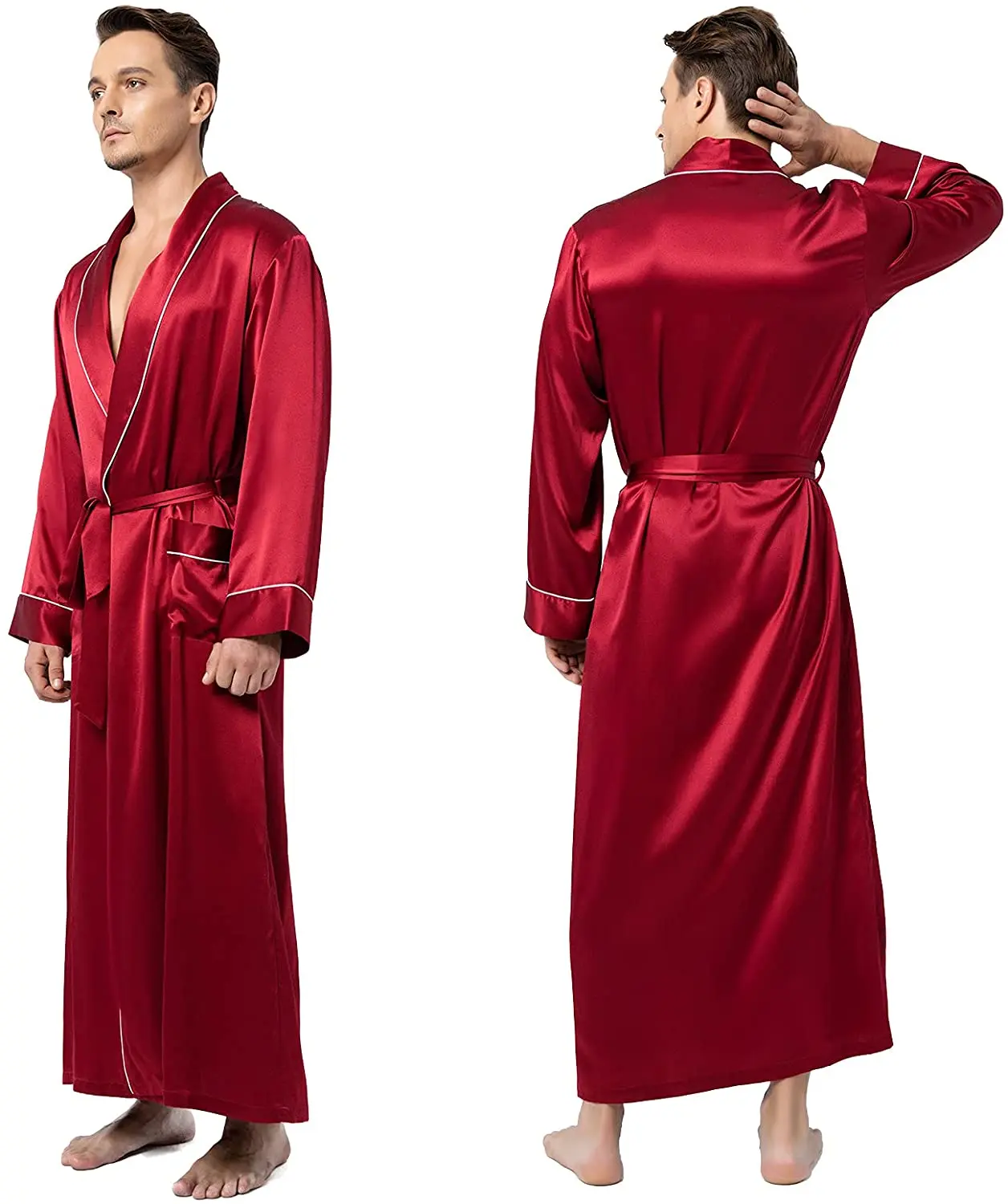 

YUNFREESILK Men's Silk Robe 22Momme Full-Length Kimono Bathrobe with Piping Casual Pajamas Nightgown Sleepwear for Wedding Party