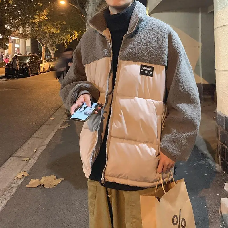 Y2K Emo Men Streetwear Winter Zip Up Padded Jacket Lamb Wool Plus Velvet Jackets Warm Bubble Mens Coats Puffer Coat Alt Clothing