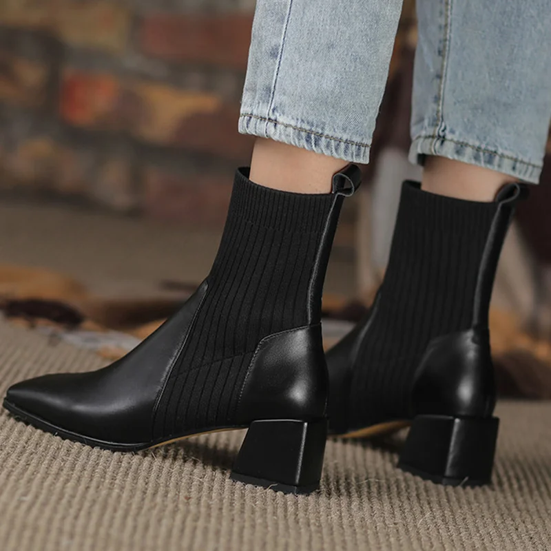 2023 Autumn Winter New Ankle Socks Shoes Women Fashion Large Size 42 Knitted Short Boots Women Slip on High Heels Botas De Mujer