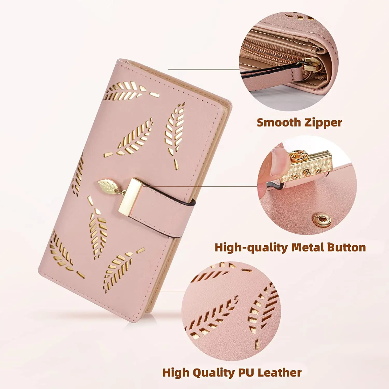 Cute Chocolate Women's Long Leaf Bifold Wallet Leather Card Holder Purse Zipper Buckle Elegant Clutch Wallet Handbag for Women