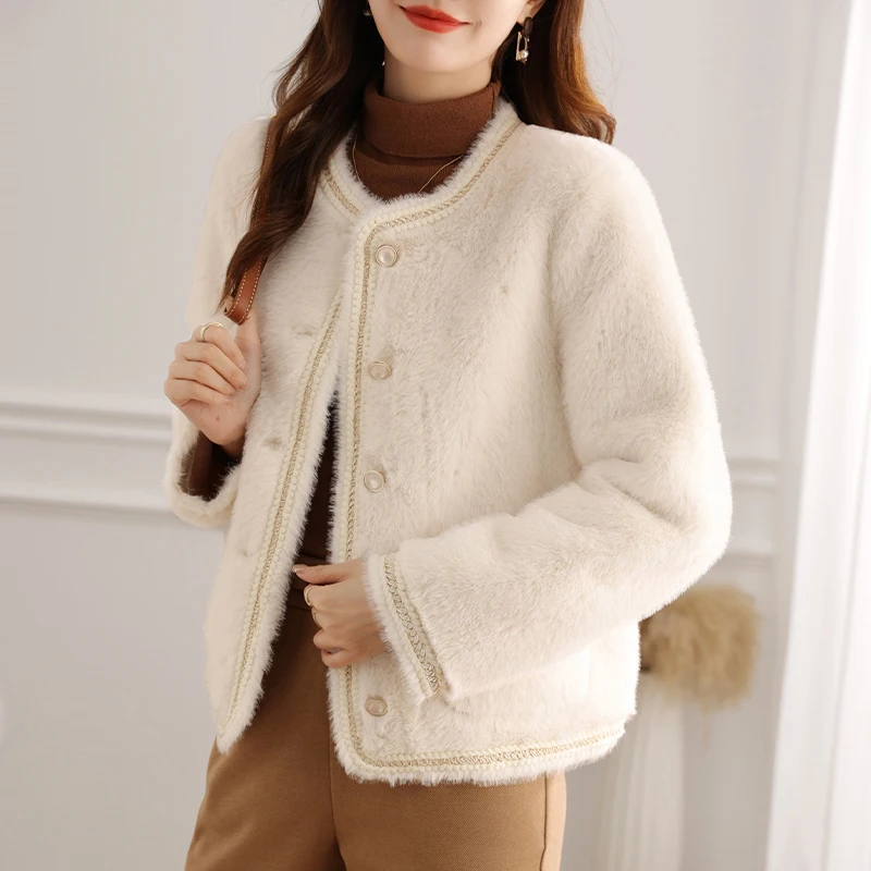 Vimly Faux Fur Women Coat O Neck Button Pockets White Jacket Office Lady Long Sleeve New 2022 Autumn Winter Warm Coat 50563