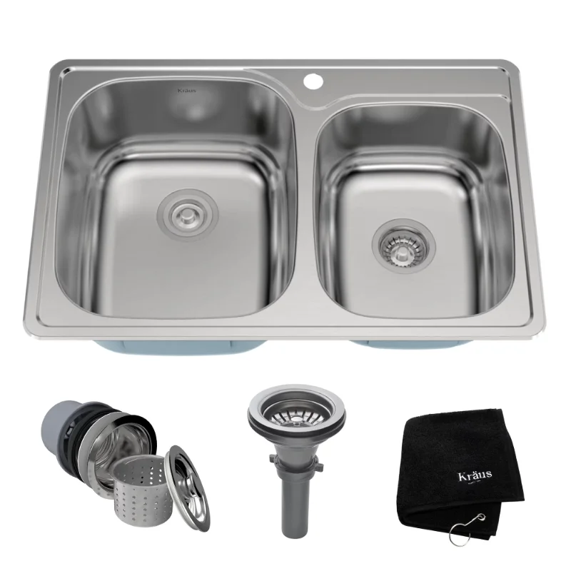 

Kraus 33 Inch Topmount 60/40 Double Bowl 18 Gauge Stainless Steel Kitchen Sink with Noise Defend Sound proofing