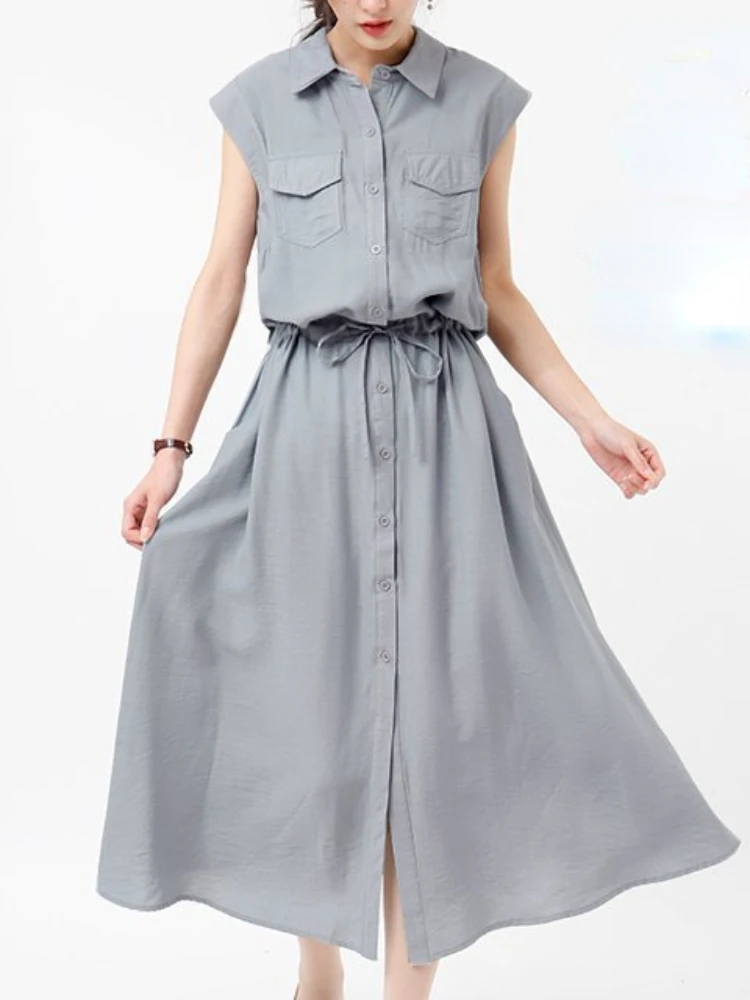 

Women Clothing 2023 Summer New Fashion Simple Sleeveless Pocket Decoration Mid Length Casual Polo Dress Lining Dress for Women