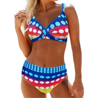 2022 new colorful printed high waist two pieces bikini set swimsuit female women beachwear swimwear bather bathing suit