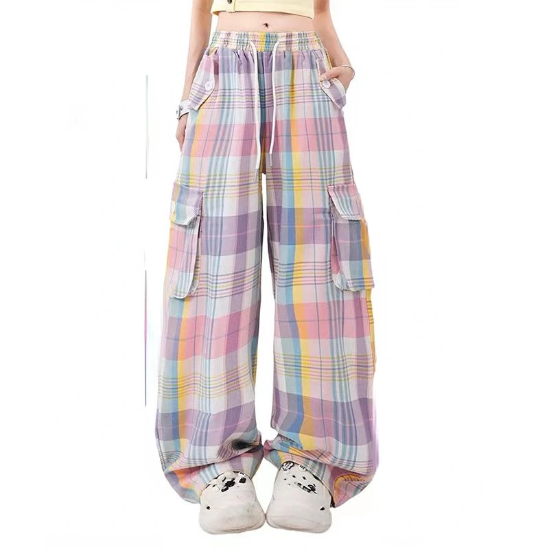 

Hikigawa Spring Drawstring High Waist Women Pants Chic Fashion Harajuku Wide Leg Trousers Plaid Pocket Patchwork Pantalones