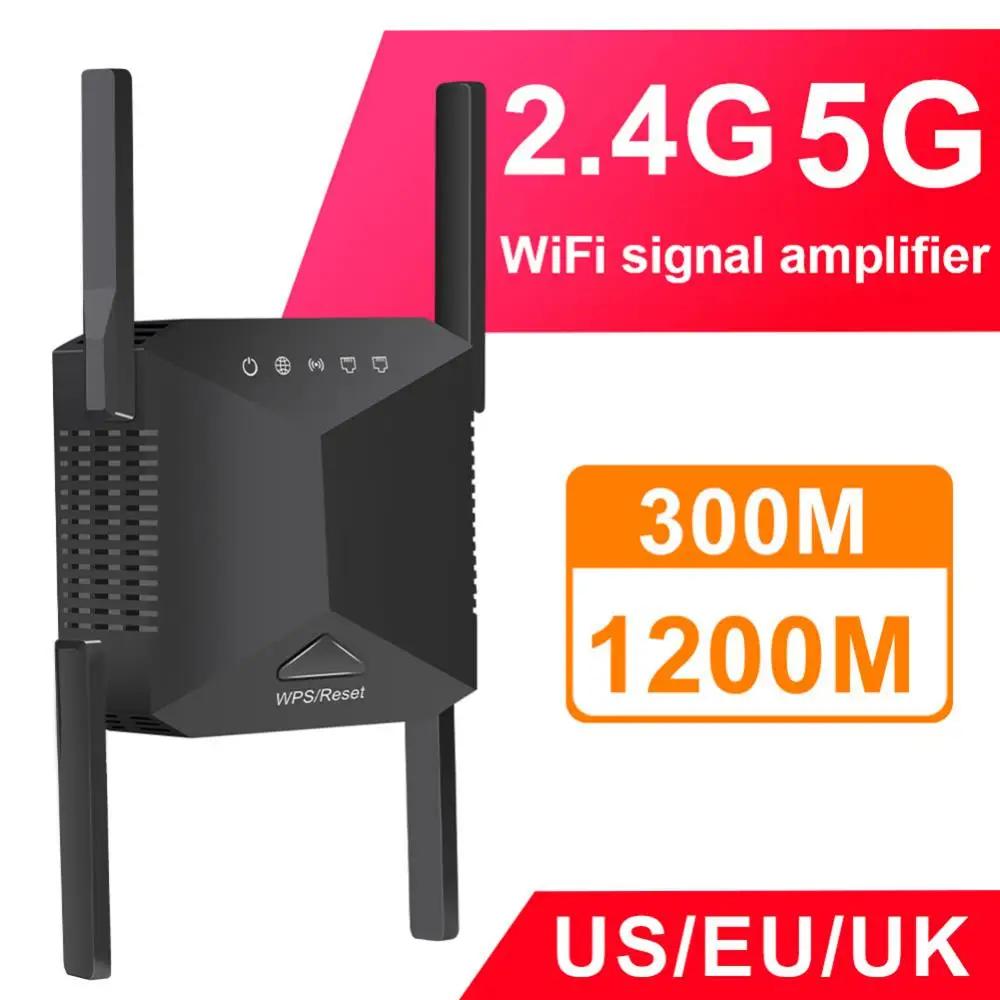 

Eu Us Uk 2.4g 5g Router Repeater Wifi Relay Extender Wireless Four External Antennas Smart Home Ac1200 Signal Amplifier