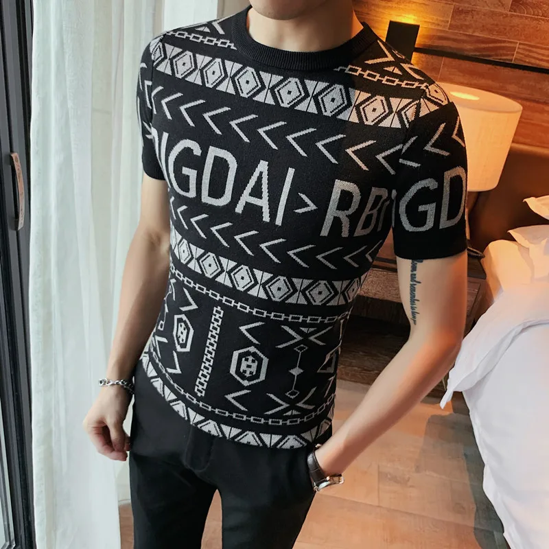 

2022 Spring Letter Print Short Sleeve Knitted T-shirt Men Korean Casual Slim Bottomed Shirt Streetwear O-neck Sweater Tshirt