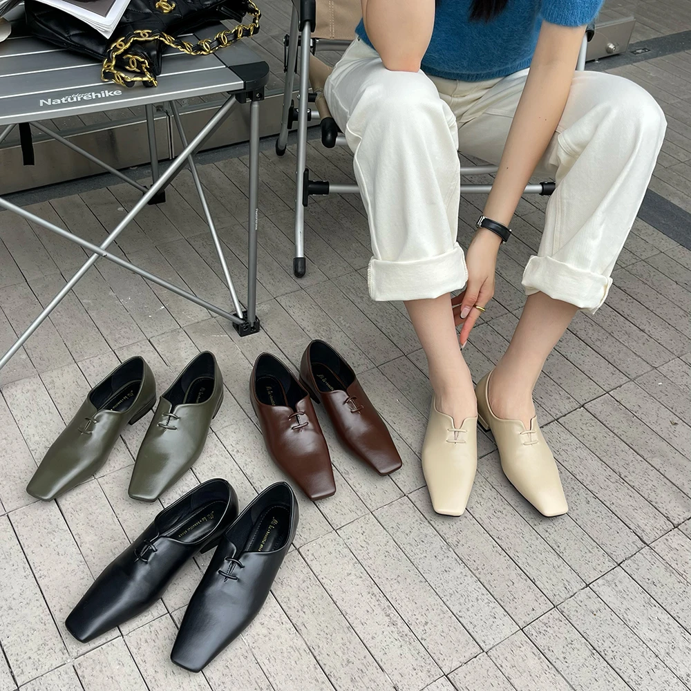 

Туфли женские на низком каблуке, квадратный носок, лоферы, без каблука, повседневная обувь для вечеринки, Размеры 35-39, черные, бежевые, коричн...