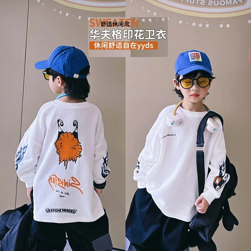 

Boys' Waffle Sweater 2022 Spring and Autumn New Western Style Cartoon Pattern Casual Tops
