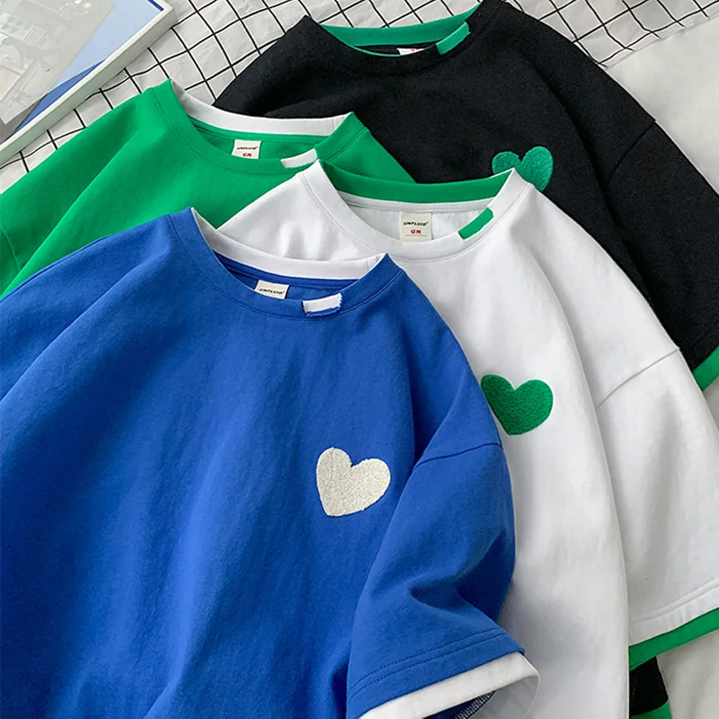 

summer new Women's T Shirt Love embroidery O-neck Female Short Sleeve Harajuku y2k Tops T-shirts oversized cotton Women Clothing