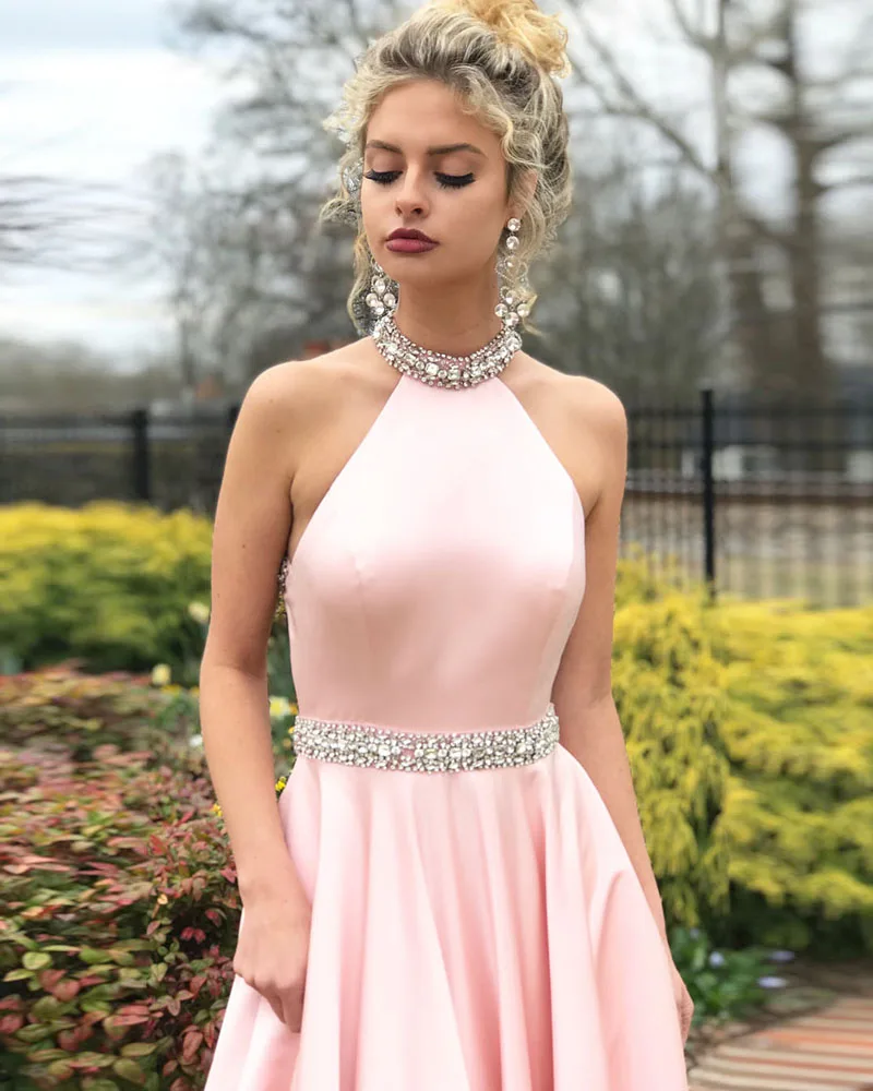 

Sexy Long Prom Dresses Pink Satin Beaded Halter Neck Backless Evening Party Gown With Sashes Custom New Arrival Vestidos De Gala