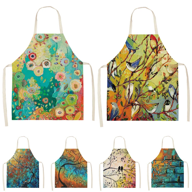 

1pc Color Forest Bird Pattern Cleaning Art Aprons for Woman Home Cooking Kitchen Apron Cook Ear Cotton Linen Adult Bibs 68x55cm