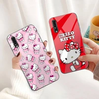 cute cat pink hello kitty phone case tempered glass for huawei p30 p20 p10 lite honor 7a 8x 9 10 mate 20 pro