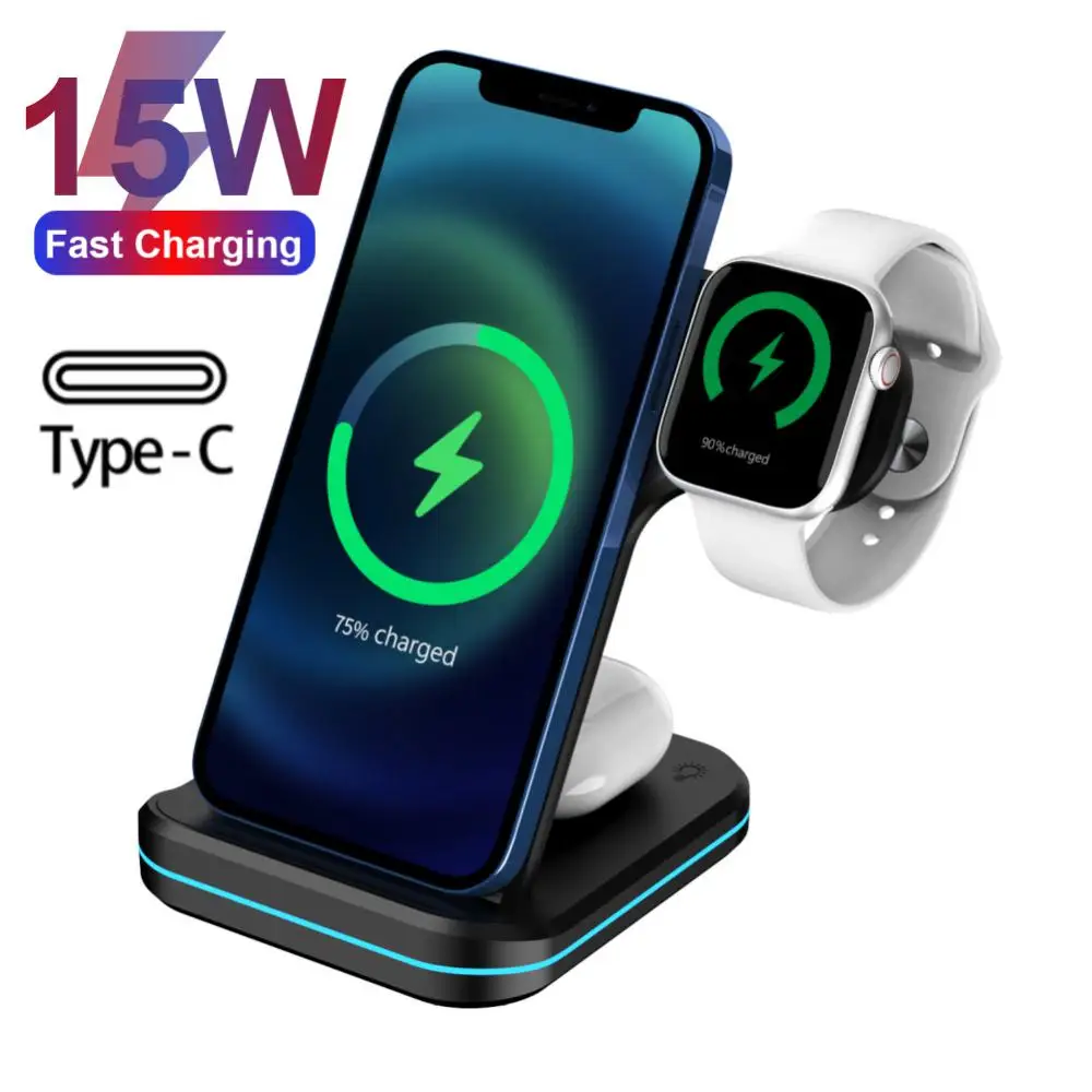

Беспроводное зарядное устройство 3 в 1 Qi, 15 Вт, быстрая зарядная станция для IPhone 13 12 11 X Pro Max для Apple Watch 7 для Samsung Galaxy