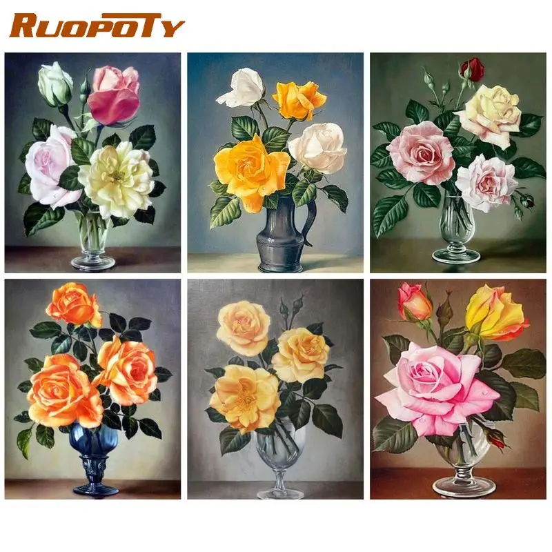 

RUOPOTY Oil Painting By Numbers Frame Canvas Painting Elegant Flowers Number Painting Wall Decor Gift Picture Drawing For Adults