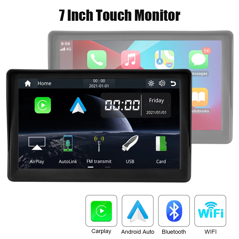 

Мультимедийный плеер для Carplay Android Auto Bluetooth WIFI Портативный 7-дюймовый IPS экран с функцией громкой связи, зеркальный сенсорный монитор