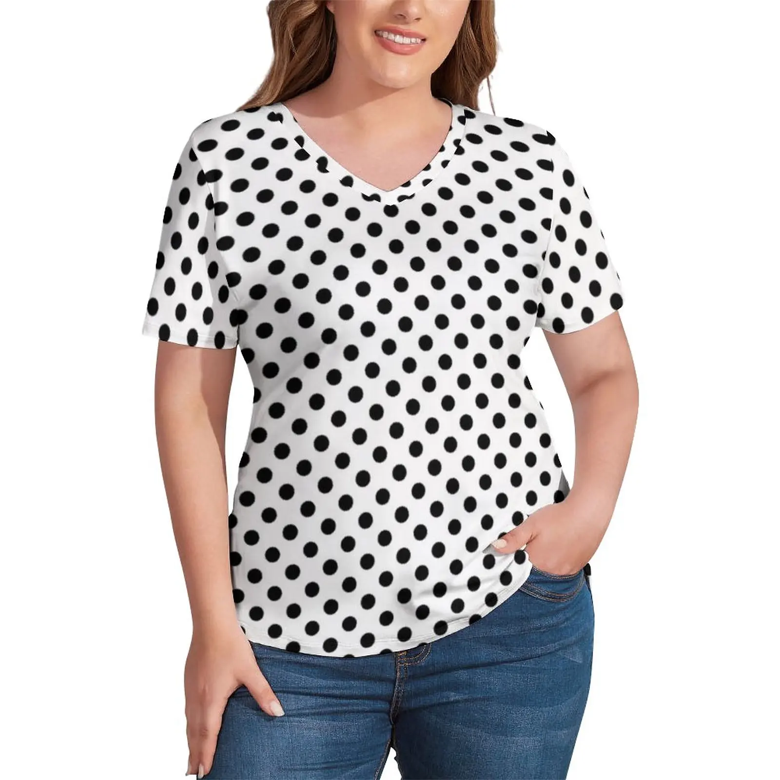 

Black Polka Dots T-Shirt Polka Dot Pattern Circles Art Harajuku V Neck T Shirts Short-Sleeve Basic Tshirt Top Tees Plus Size 3XL
