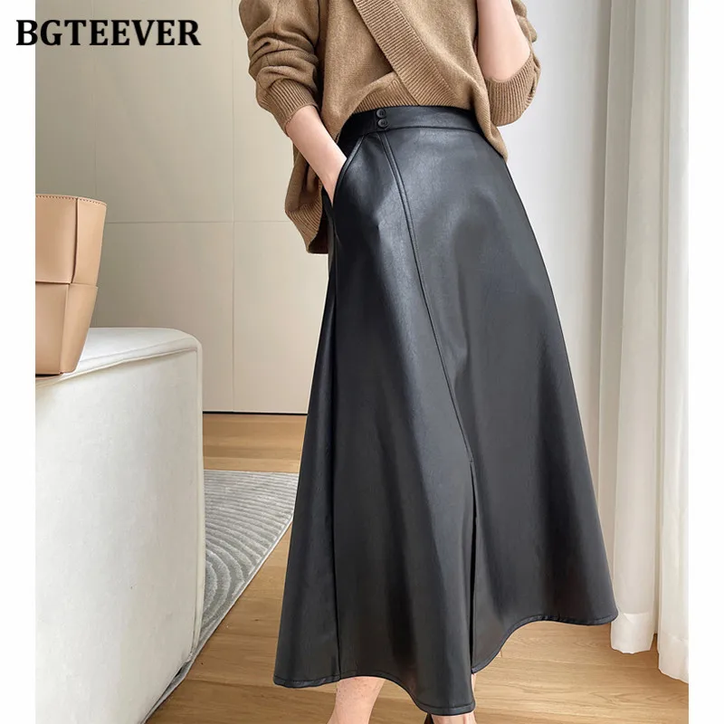 

BGTEEVER Fashion High Waist Split A-line Ladies Faux Leather Skirts Elegant Loose Women PU Leather Skirts Autumn Winter