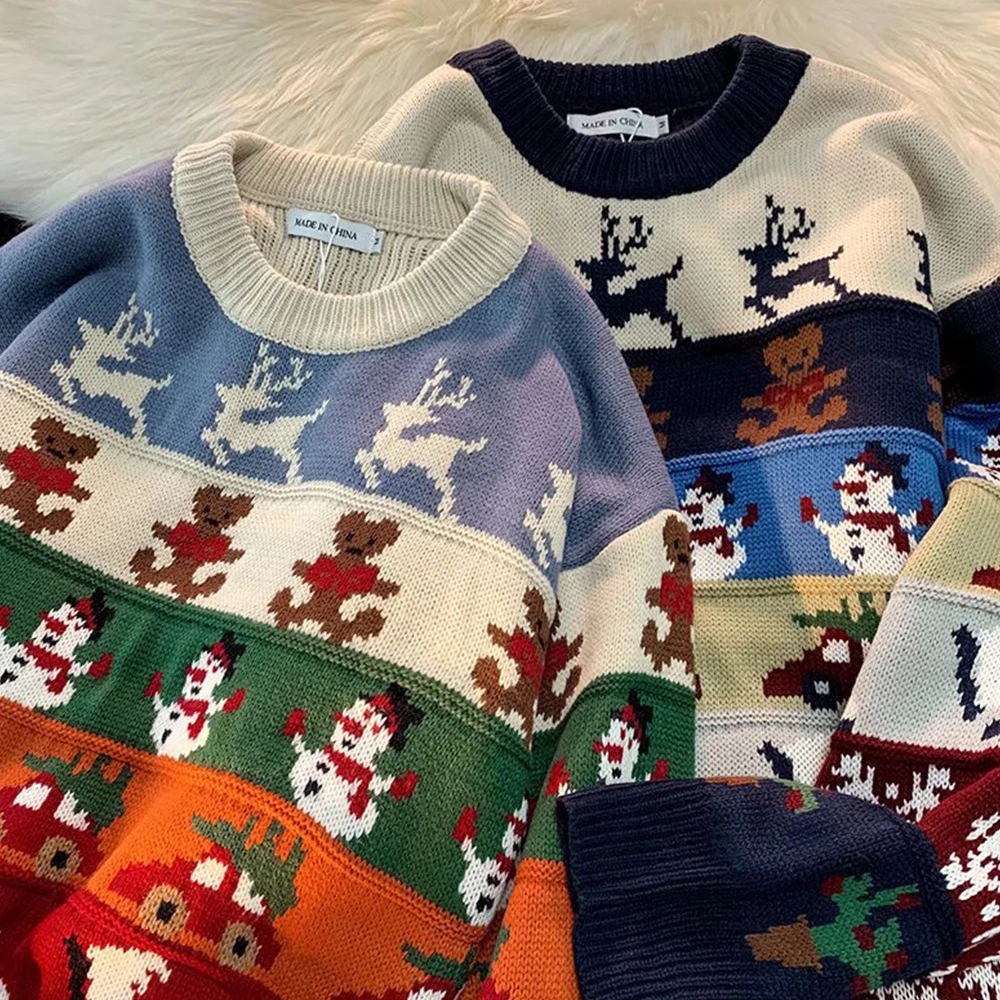 

Men Vintage Sweater Christmas Streetwear Hip Hop Vintage Knit Cartoon Sweaters Autumn Harajuku Fashion Retro Casual Sweater Male