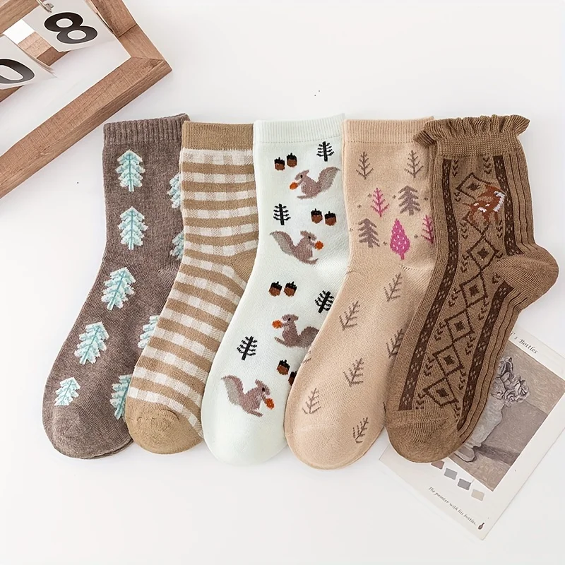 

5 пар мягких и дышащих уличных спортивных носков в стиле милой белки для женщин