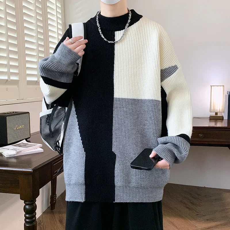 2024 New Men's Sweater Winter Warm Base Layer Top Student Unique Trendy Brand Thickened Inner Knit Casual Crew Neck