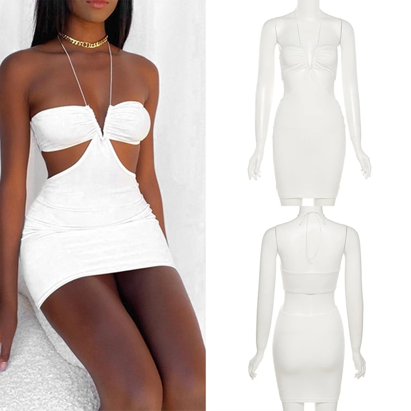 

Summer Solid Color Halter Neck Lace U Wrap Dress For Women Low-Cut Cutout Tight-Fitting Design Party Club